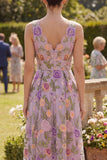 Robe midi fleur brodée en tulle à col en V lilas