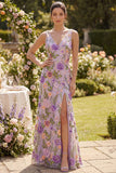 Longue robe florale brodée en tule en tule lilas avec fente