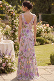 Longue robe florale brodée en tule en tule lilas avec fente