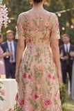 Robe midi fleurie midi brodée en tulle à col V à col en V à blush avec manches courtes