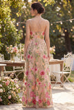 Robe longue fleurie brodée en tulle à blush