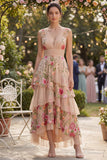 Robe longue fleurie brodée à étages brodée en tulle à col V à blush