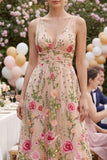 Robe midi fleur brodée en Tulle A-line Blush à col en V
