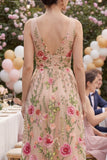 Robe midi fleur brodée en Tulle A-line Blush à col en V