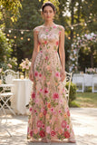 Robe d'invitée de mariage longue tulle brodé col bateau ligne A imprimé floral
