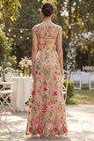 Robe d'invitée de mariage longue tulle brodé col bateau ligne A imprimé floral