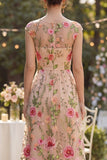 Robe d'invitée de mariage longue tulle brodé col bateau ligne A imprimé floral