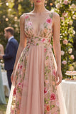 Robe midi à fleurs brodées en tulle en tulle à col en V