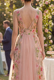 Robe midi à fleurs brodées en tulle en tulle à col en V