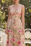 Robe d'invitée de mariage longue tulle brodé col V imprimé floral