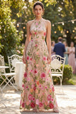 Robe longue à fleurs en tulle brodé A-line à col nu