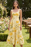 Robe Midi à col carré beurre jaune fleurie