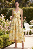 Robe Midi en ligne à un nœud en beurre fleural jaune à col en V avec un nœud