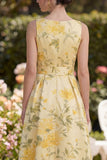 Robe Midi en ligne à un nœud en beurre fleural jaune à col en V avec un nœud