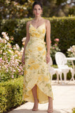Robe fleurie à bretelles maxis, beurre froncé jaune