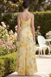 Robe fleurie à bretelles maxis, beurre froncé jaune