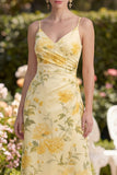 Robe fleurie à bretelles maxis, beurre froncé jaune