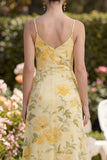 Robe fleurie à bretelles maxis, beurre froncé jaune
