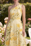 Robe Maxi A Line, fleur froncée à une épaule Jaune beurre