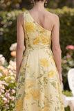 Robe Maxi A Line, fleur froncée à une épaule Jaune beurre
