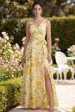 Robe florale Maxi A Line, jaune beurre à col en V plissé