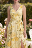 Robe florale Maxi A Line, jaune beurre à col en V plissé