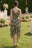 Robe Midi à fleurs vert foncé à col en V à ligne asymétrique avec volants