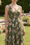 Robe Midi à fleurs vert foncé à col en V à ligne asymétrique avec volants