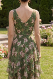 Robe Midi à fleurs vert foncé à col en V à ligne asymétrique avec volants
