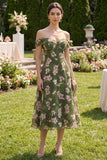 Robe midi à fleurs vert foncé A Line Off the Shoulder