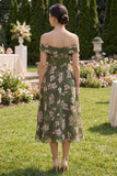 Robe midi à fleurs vert foncé A Line Off the Shoulder