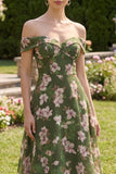 Robe midi à fleurs vert foncé A Line Off the Shoulder