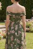 Robe midi à fleurs vert foncé A Line Off the Shoulder