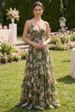 Robe Maxi à bretelles fines vert vert foncé A Line avec volants