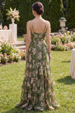 Robe Maxi à bretelles fines vert vert foncé A Line avec volants