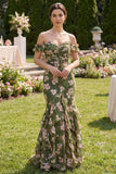 Robe longue sirène fleurie vert foncé avec volants