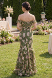 Robe longue sirène fleurie vert foncé avec volants