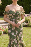 Robe longue sirène fleurie vert foncé avec volants