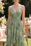 Robe fleurie haute à fleurs hautes en V verte poussiéreuse avec volants