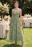 Robe Maxi à bretelles fines vertes vertes poussiéreuses à fleurs froncées A Line