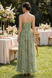 Robe Maxi à bretelles fines vertes vertes poussiéreuses à fleurs froncées A Line