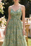 Robe Maxi à bretelles fines vertes vertes poussiéreuses à fleurs froncées A Line