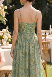 Robe Maxi à bretelles fines vertes vertes poussiéreuses à fleurs froncées A Line