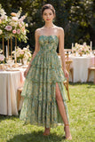 Robe Maxi à fleurs Corset A Strapless Busty Green Dusty avec volants