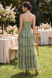 Robe Maxi à fleurs Corset A Strapless Busty Green Dusty avec volants