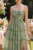 Robe Maxi à fleurs Corset A Strapless Busty Green Dusty avec volants