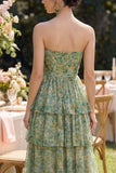 Robe Maxi à fleurs Corset A Strapless Busty Green Dusty avec volants