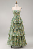 Robe Maxi à fleurs Corset A Strapless Busty Green Dusty avec volants