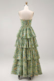 Robe Maxi à fleurs Corset A Strapless Busty Green Dusty avec volants