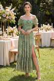Robe Maxi à manches bouffantes vertes vertes poussiéreuses à manches bouffantes fleuries A Line avec fente